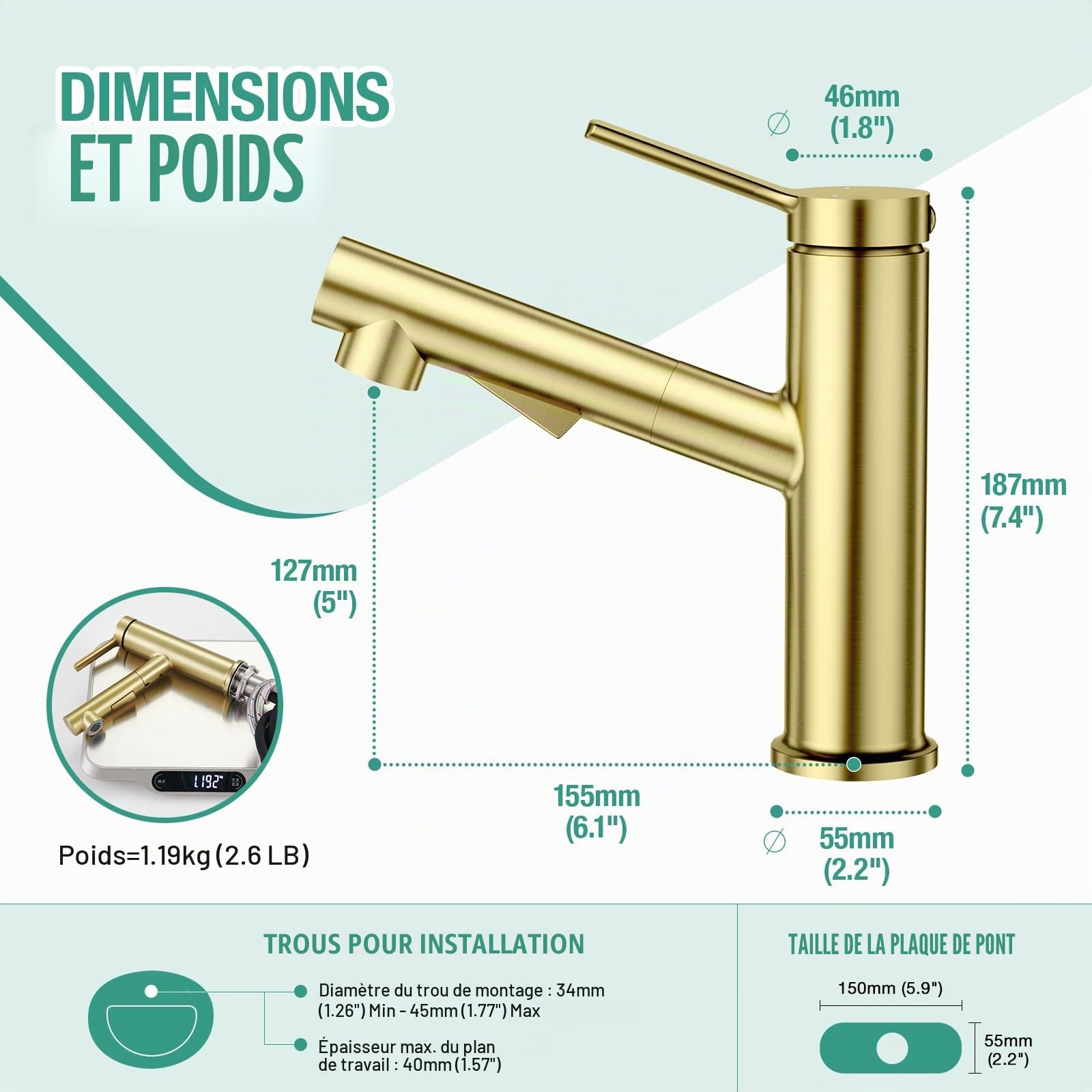 Faustina Robinet Salle de Bain pour Lavabo avec Douchette Extractible, Mitigeur Monocommande Monotrou, Or