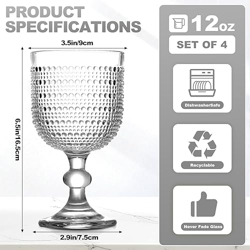 Miniatura 2 de 12 onzas Vasos de vino vintage transparentes, juego de 4 vasos de vino con nudos, vasos de vino en relieve para boda, fiesta, cena, bar