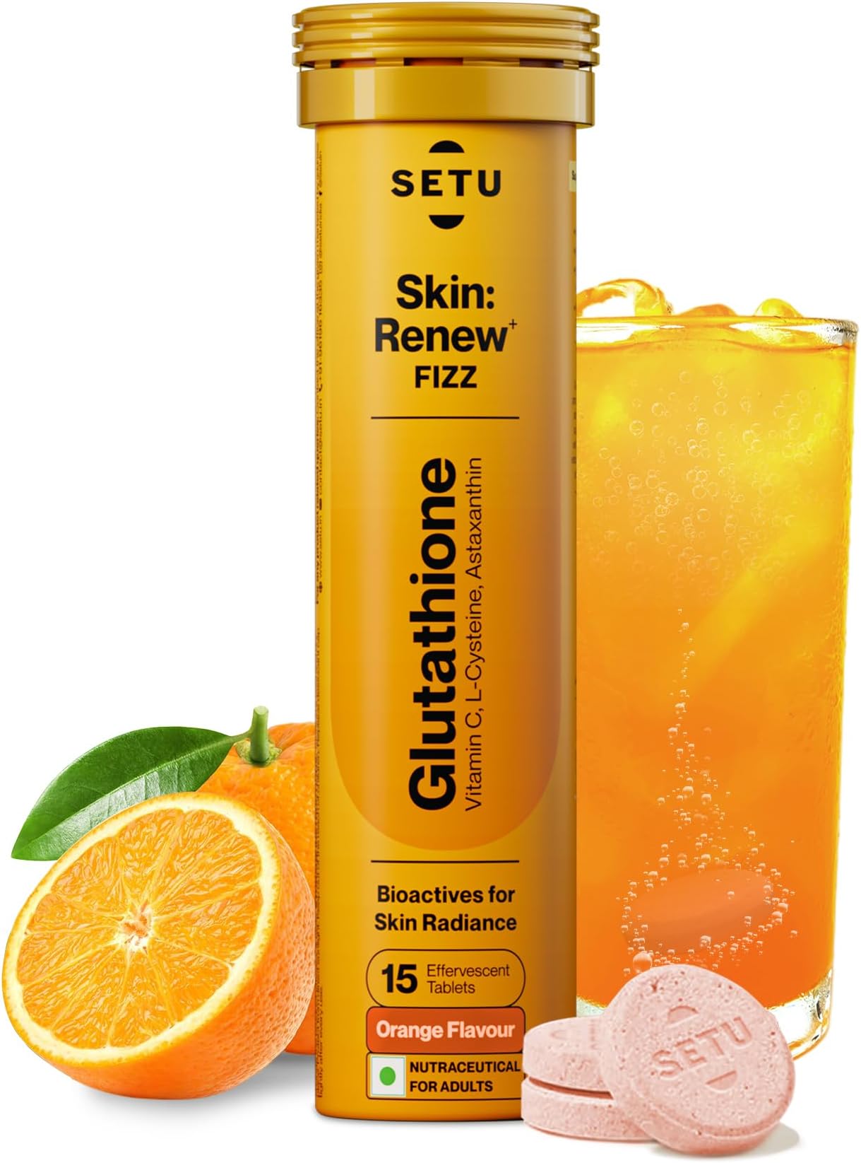Setu Skin Renew Glutathione Tablets for Glowing Skin | 15 Effervescent Tablets with 500mg L-Glutathione & Vitamin C | Sugar-free Antioxidant & Skin Glow Supplement for Clear Skin | Orange (Pack of 1)