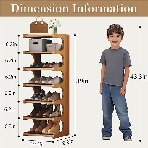 Miniatura 2 de Zapatero vertical de 7 niveles, estante de zapatos de bambú independiente, soporte de almacenamiento de zapatos, torre de zapatos para entrada,