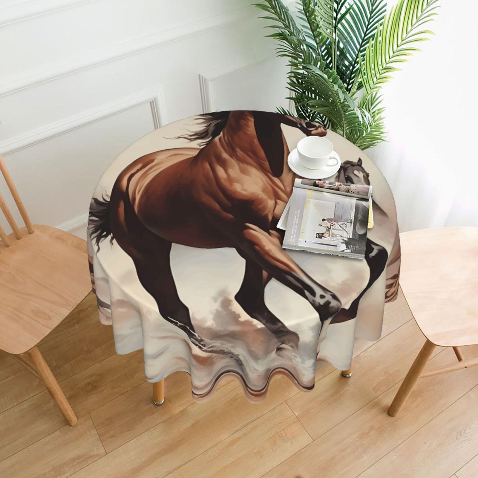 HLBSDM Prancing Brown Horse Printed Practical Round Tablecloth, Durable, Suitable for Home, Restaurant, Hotel, Gathering, and Decorative Table Covers
