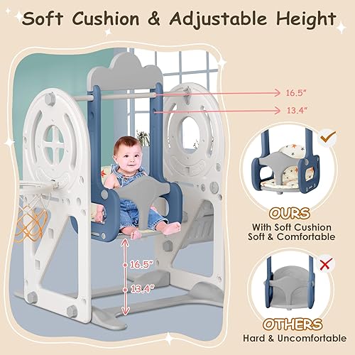 Miniatura 5 de BIERUM Tobogán para niños pequeños de 1 a 3 años con aro de baloncesto y columpio, tobogán de bebé para niños, regalo ideal para interiores y