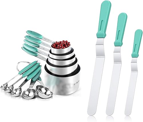 U-Taste Juego de tazas y cucharas medidoras de acero inoxidable 18/8 y espátula de glaseado compensada de acero inoxidable 18/0 (Aqua Sky)