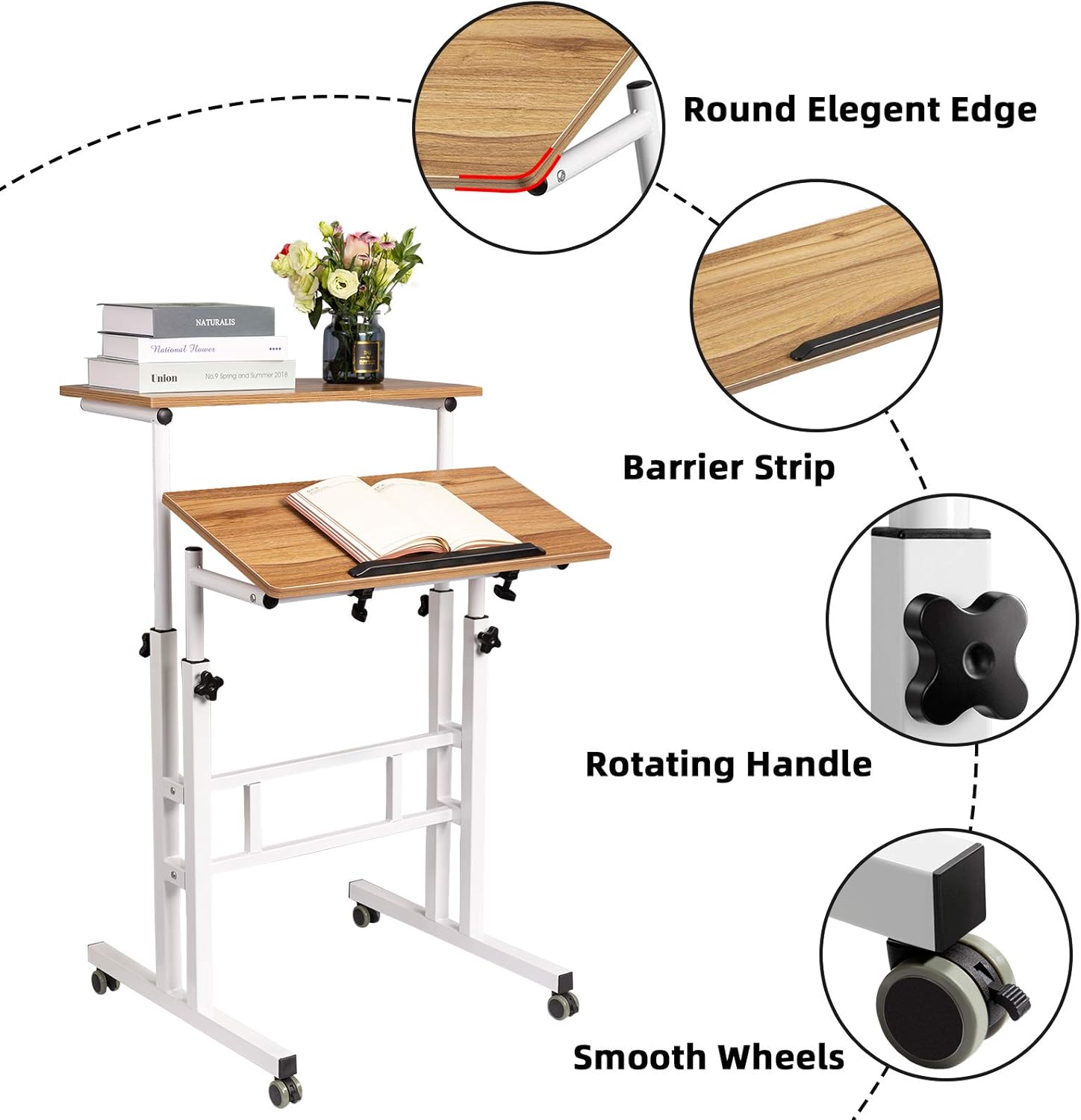 Hadulcet Adjustable Standing Desk, Mobile Standing Desk, Laptop Cart on Wheels, Rolling Computer Cart for Home Office, Rolling Table for Stand Up, Vintage Oak … : Home & Kitchen