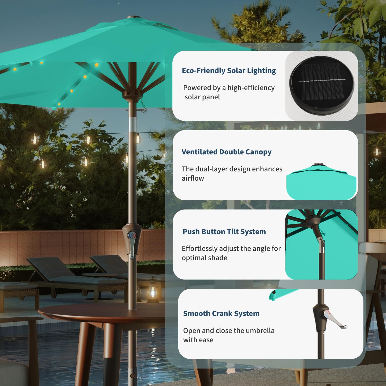 Patio Kingdom 10FT Solar Umbrella 32 LED Lighted Patio Umbrella Table Market Umbrella w/Tilt and Crank, UV-Resistant Outdoor Umbrella for Pool, Garden, Deck, Turquoise Blue : Patio, Lawn & Garden