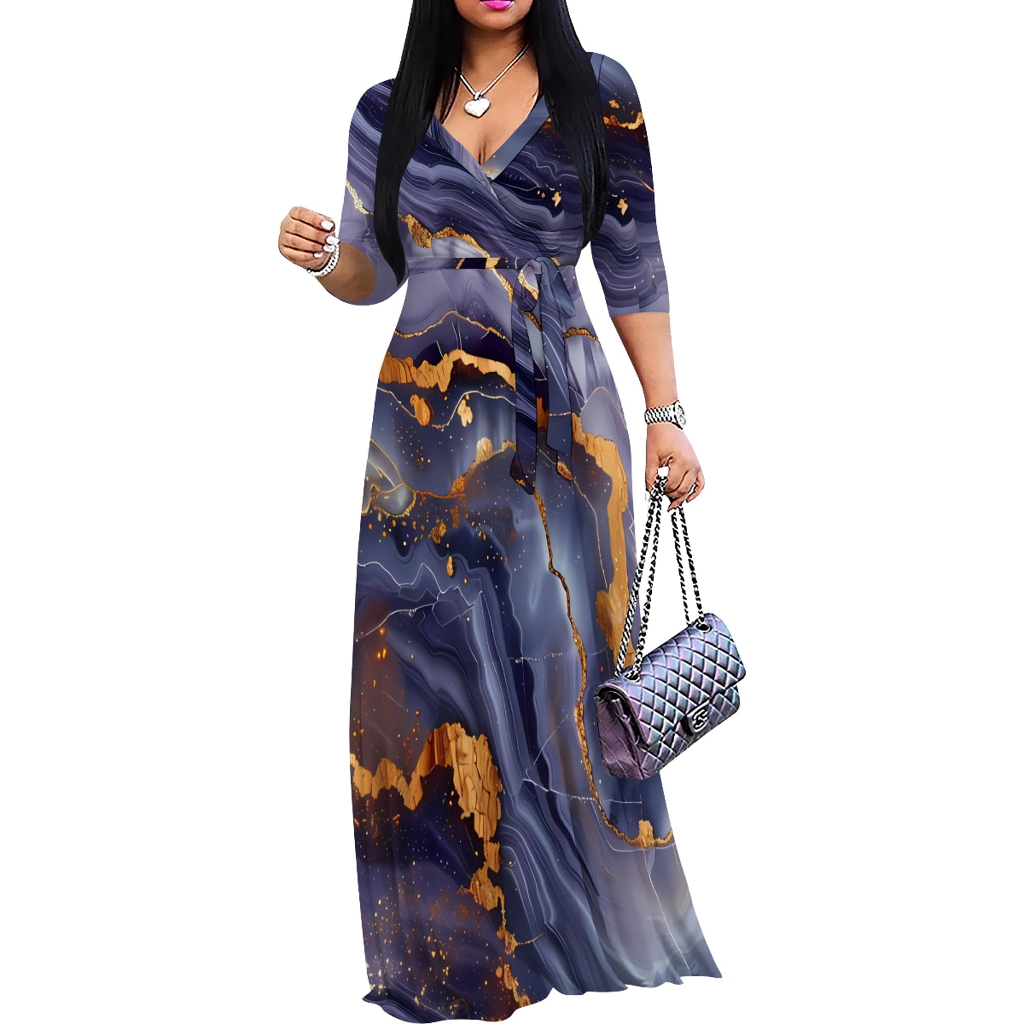 PinkPatty Women's Print Maxi Dresses 3/4 Sleeve Flowy Long Dress V Neck Wrap Tie Waist Sundress