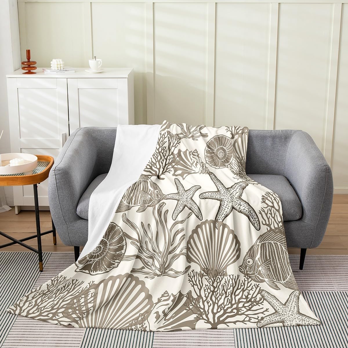 Erosebridal Cartoon Coastal Sea Animal Fuzzy Plush Throw Underwater World Fleece Blanket Seashell Starfish Coral Flannel Blanket for Kids Boys Girls,Ocean Cute Fish Decor for Bed Couch Twin 60"x80"