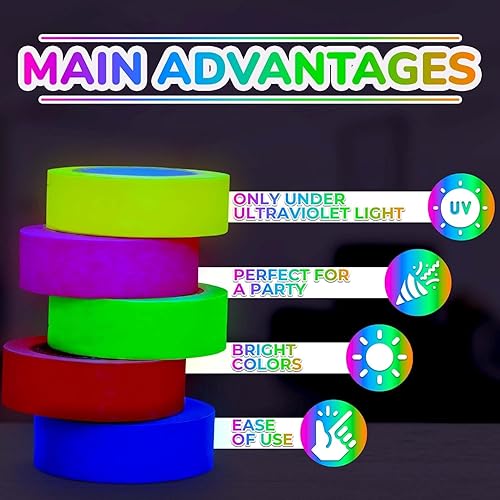 Miniatura 4 de Paquete de 5 cintas de luz negra  Cinta brillante de neón reactiva a los rayos UV de Navidad, juego multicolor verde, rojo, amarillo, rosa y azul,