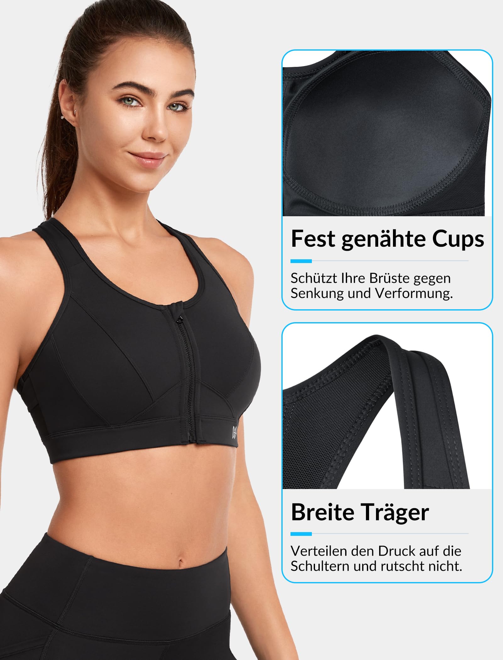 Yvette Reggiseni Sportivi ad Alto Impatto per Donne Chiusura Lampo Frontale Seni Grandi,Nero,S Plus