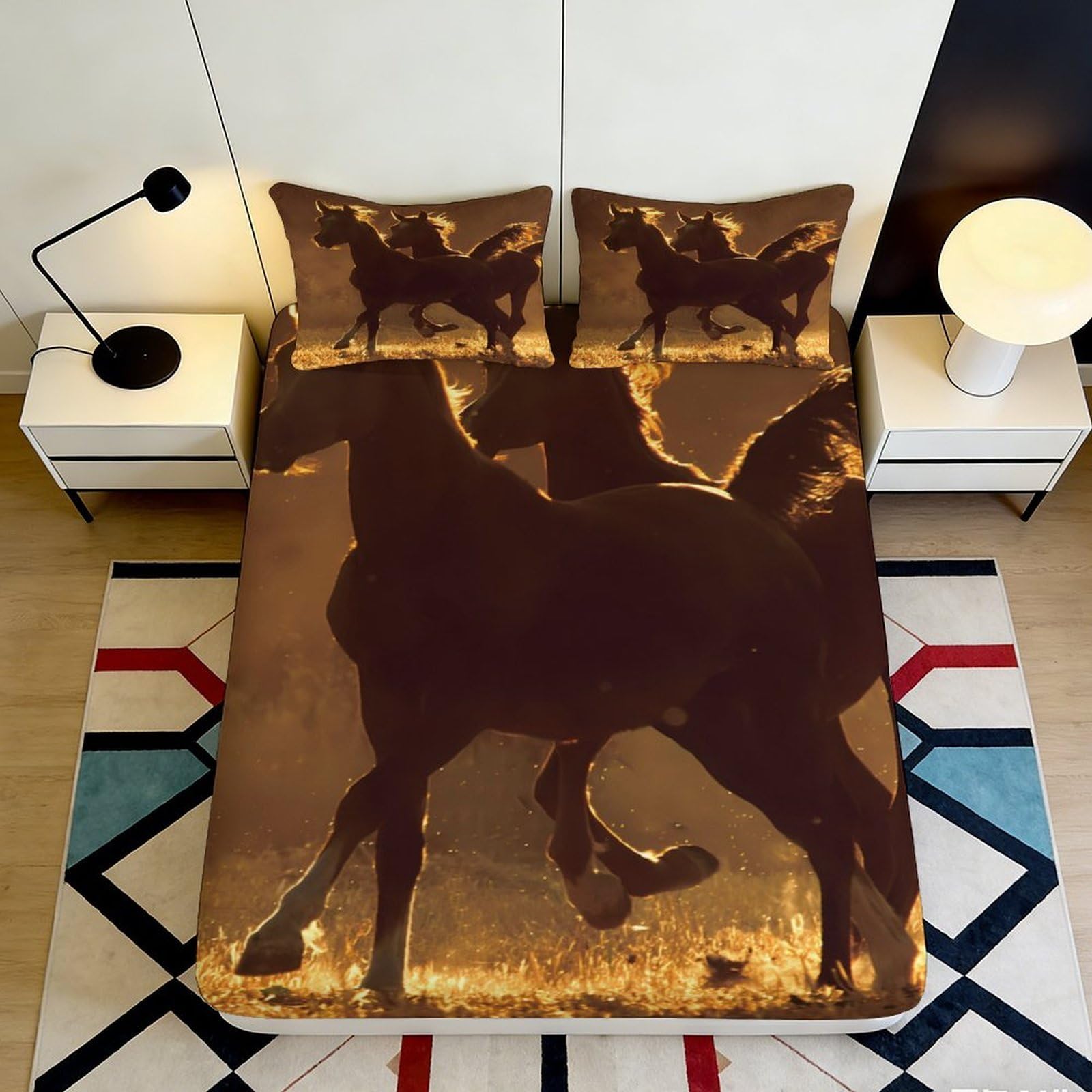 3D Printed Running Horse Sunset Fitted Sheet Microfiber Soft Mattress Cover for Bedroom Guest Room Dorm Decor 200x200x25cm