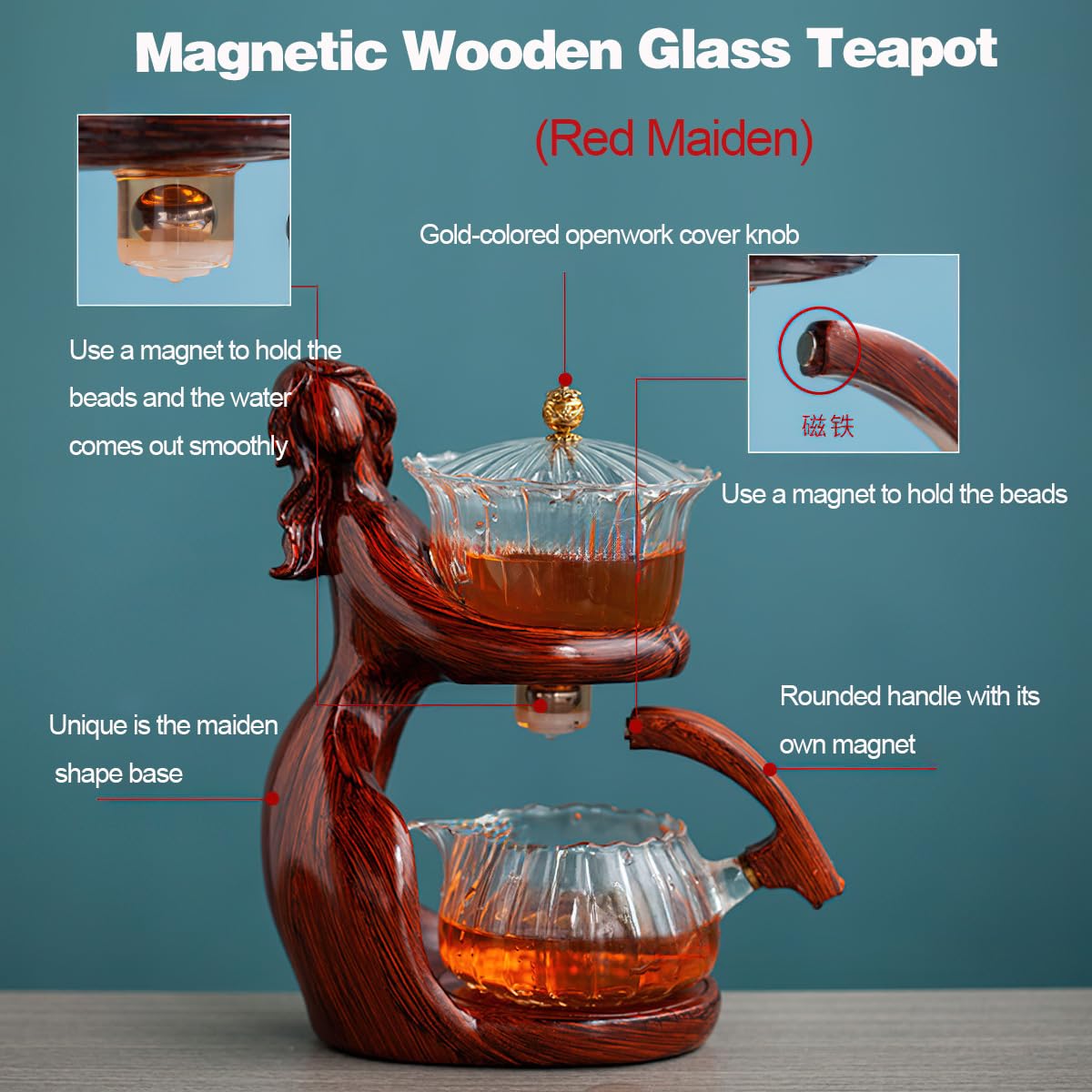 Lazy Kungfu Teekanne Set, Glas Magnetische Teekanne, halbautomatische Wasserführung, magnetische Teekanne mit Teesieb, hitzebeständiges Kungfu-Teeset, Kaffeeset (Red Maiden)