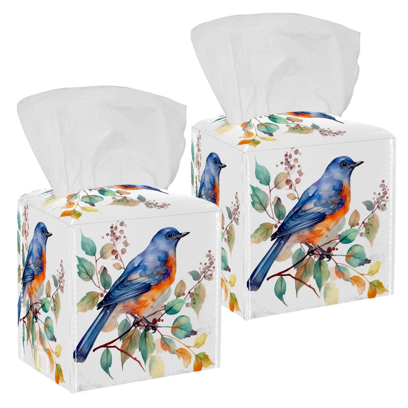 Watercolor Bird Leaves Tissue Box Cover, 2 Pack PU Leather Square Facial Tissue Dispenser Box holder for Home Office Car
