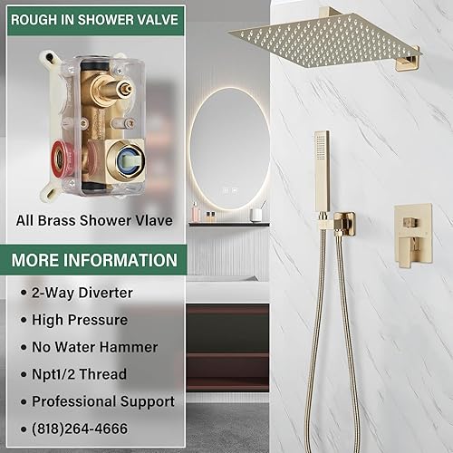 Miniatura 5 de Juego de grifo de ducha con sistema de ducha de lluvia de 10 pulgadas y rociador de mano, accesorios de ducha de baño dorado cepillado con válvula