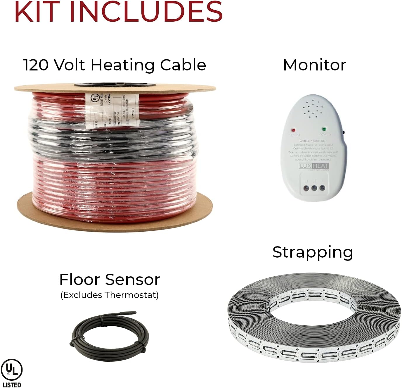 LuxHeat 20sqft Floor Heating Cable Kit - 120v Heated Floor Kit for Tile, Vinyl, Laminate - Electric Radiant Heated Flooring System - Includes Electric Heat Cable, Strapping, Sensor & Alarm