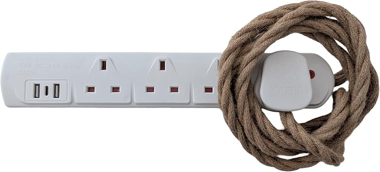 Vintage Electric Extension Leads, 13 amp rated Power Strips with 4 Way Outlets, 4 Socket Extension Cable with 2M Braided Fabric Twisted Cord for Home Office Palace Clay White Plug