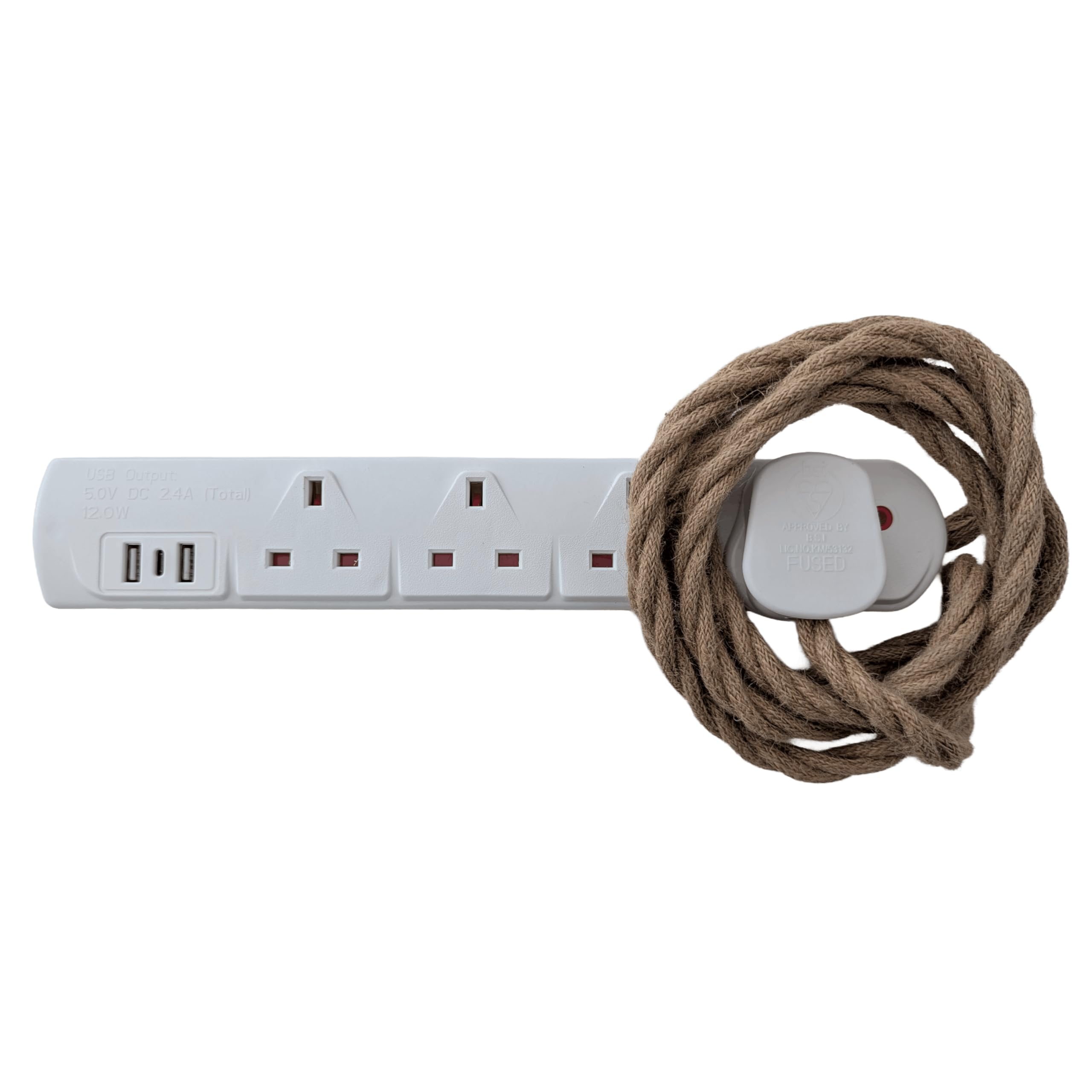 Vintage Electric Extension Leads, 13 amp rated Power Strips with 4 Way Outlets, 4 Socket Extension Cable with 2M Braided Fabric Twisted Cord for Home Office (Palace Clay (White Plug))