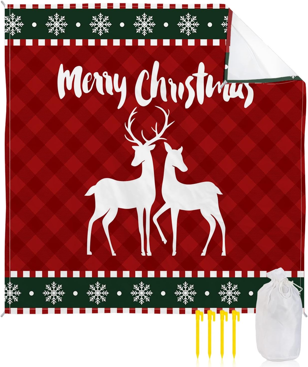 Merry Christmas White Reindeer Tartan Plaid Beach Blanket Waterproof Sandproof Outdoor Picnic Mat 118"x108" Snowflake Border Lightweight Large Beaach Blankets with 4 Stake & 4 Corner Pockets