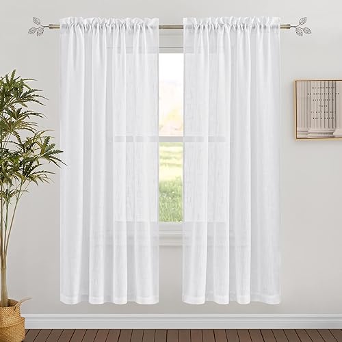 RYB HOME Solid Semi Sheer Curtains Rod Pocket Living Room/Bedroom, White, W 52 x L 72 inch Length, 1 Pair
