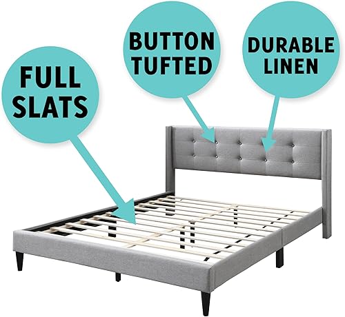 Miniatura 6 de Urban Home Furniture Mia Linen - Base de cama con cabecera tapizada con botones y respaldo de alas, con listones de madera, patas de soporte, tamaño