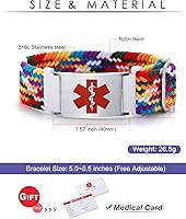 Vista 2 de Pulseras de alerta médica para mujeres, hombres, niñas, niños, pulsera de identificación médica personalizada con pulsera elástica trenzada