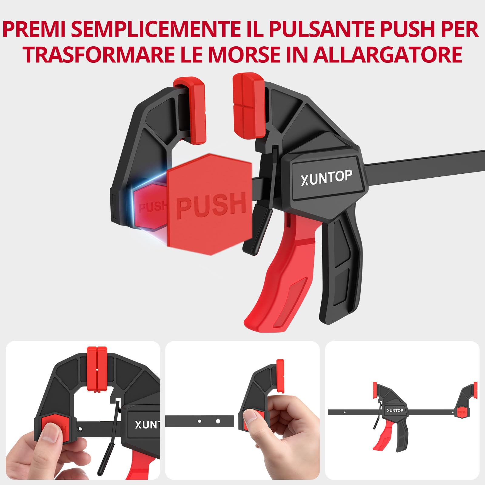 XUNTOP Morsetti da Falegname Set di 4 pz Morsetti a C Rapidi da 6" (150mm) Morsetti a Barra Forza di Serraggio 600N/60kg Funzione Sdoppiatore con Pulsante Cambio Rapido per Lavori di Falegnameria