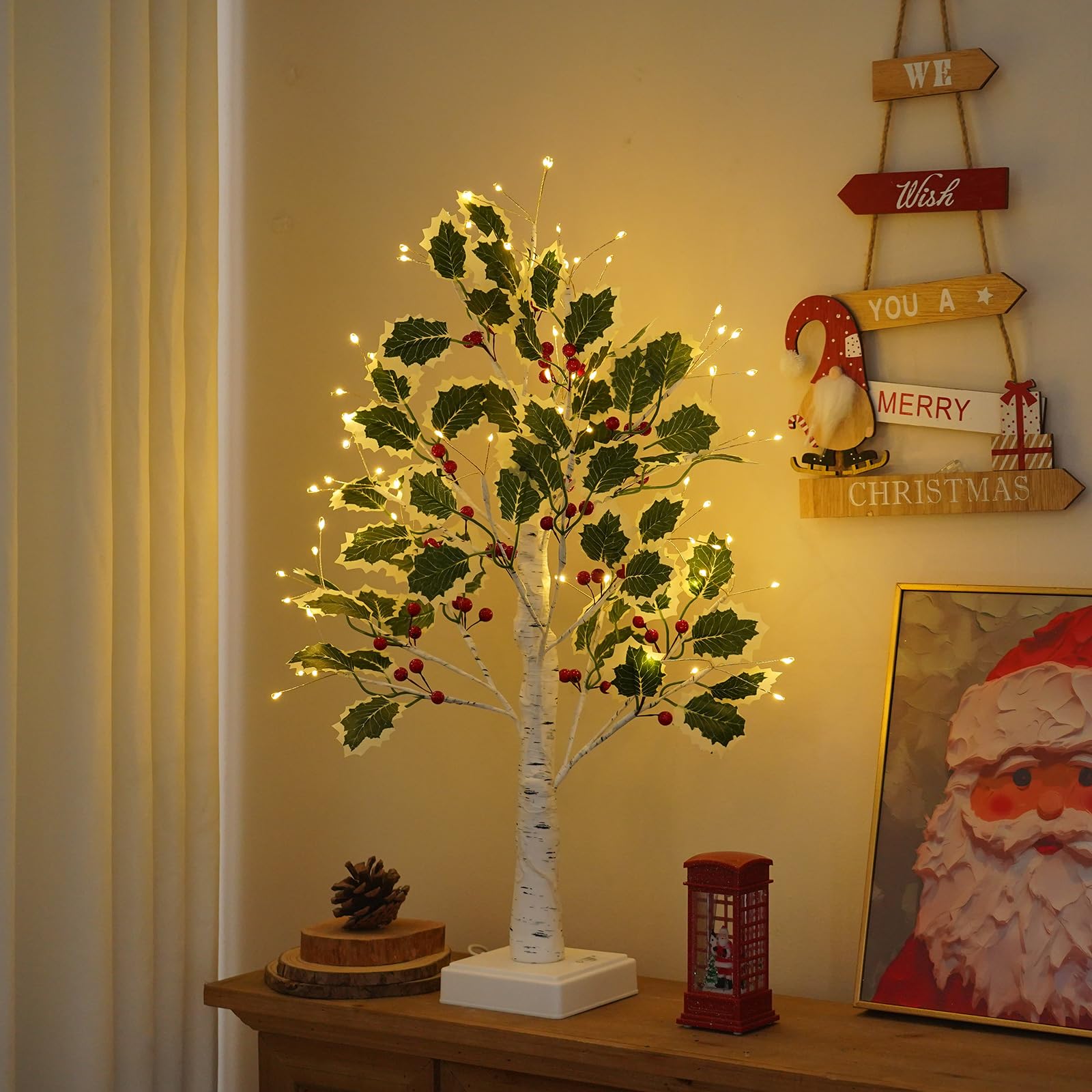 Albero luminoso a LED per interni, con timer, 72 LED bianchi caldi, foglie verdi, bacche rosse, albero decorativo per Natale, primavera, alimentato tramite USB/batteria (60 cm/2 piedi)