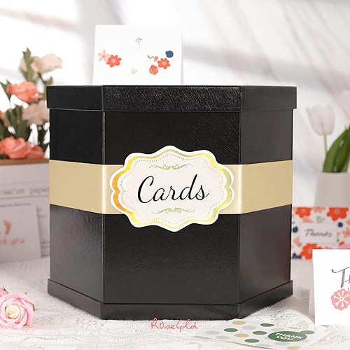 Miniatura 4 de ROSEGLD Caja de tarjetas, caja de recepción de tarjetas con cinta de 14 x 12 x 12 pulgadas, elegante soporte para tarjetas para bodas, graduaciones,