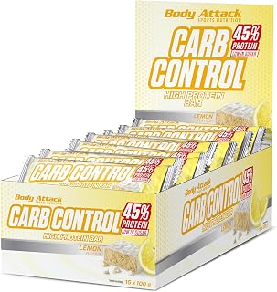 Body Attack Carb Control Lemon - 15 x 100 g Riegel - Fitness Protein Riegel mit mehr als 45% Eiweiß aus Milch- und Molkenisolat - Mit Vitamin B1, B2, B6, B12, Folsäure & Niacin - zuckerarm