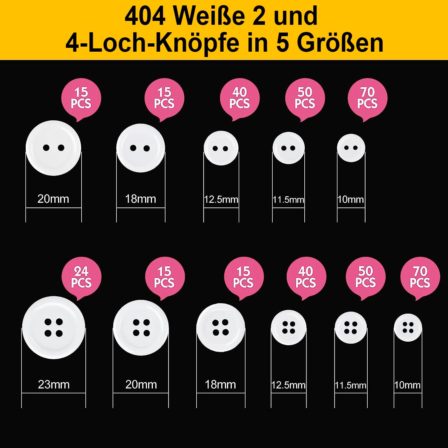 404 Pezzi Bianco Bottoni per Cucito, 2 Fori e 4 Fori Bottoni Resina con Scatola, per Gli Abiti Cucito Fai Da Te 10 mm/11,5 mm/12,5 mm/18 mm/20 mm/23 mm (Confezione da 4)