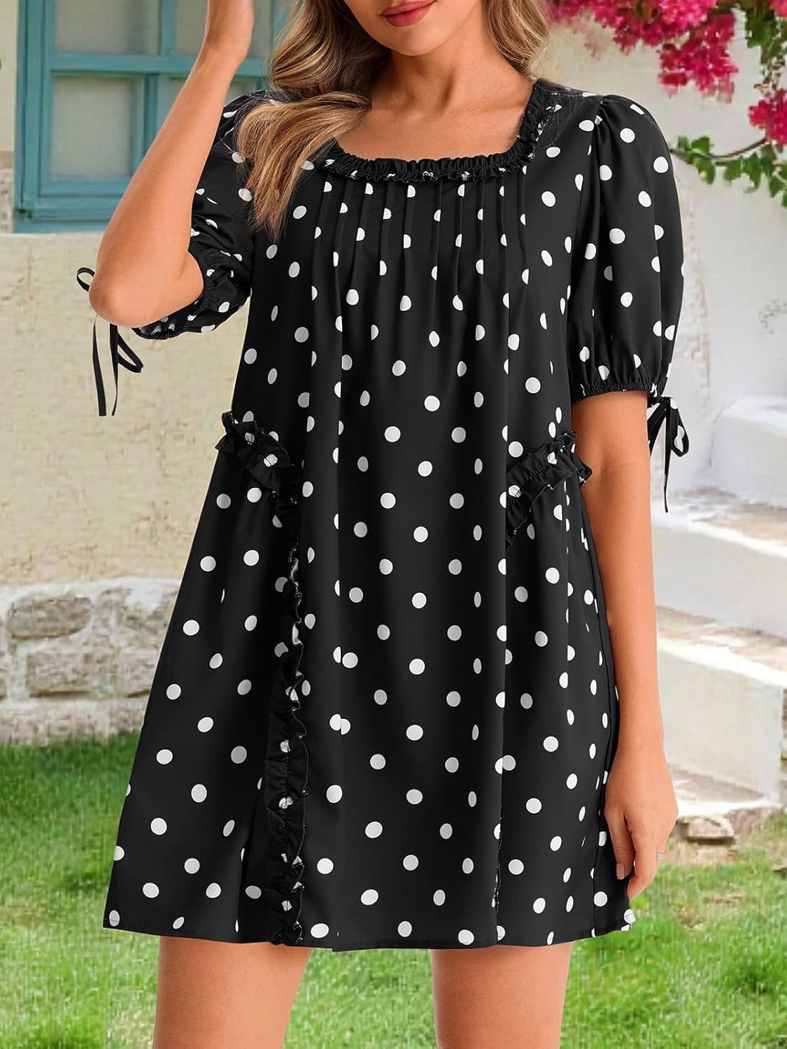 Wenrine Womens Babydoll Mini Dresses Casual Polka Dot Short Sleeve Square Neck Oversized Cute Summer Dress with Pockets - Image 4