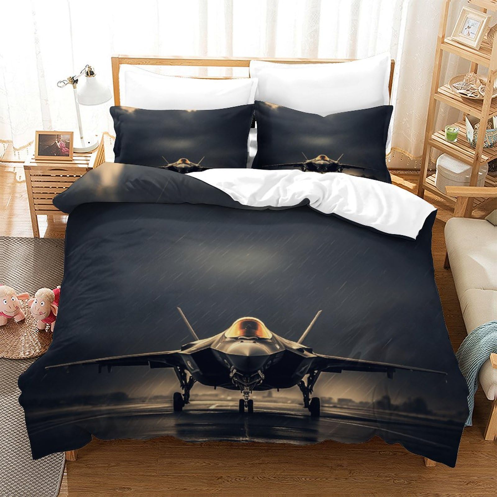 XiaopangXY F35 Fighter Jet Warmth to Sleep Bedding Set Hidden Zipper Duvet Cover Set with Pillowcases Stealth Aircraft Quilt Cover Set Soft Microfiber Nice-looking Comforter Cover Double（200x200cm）