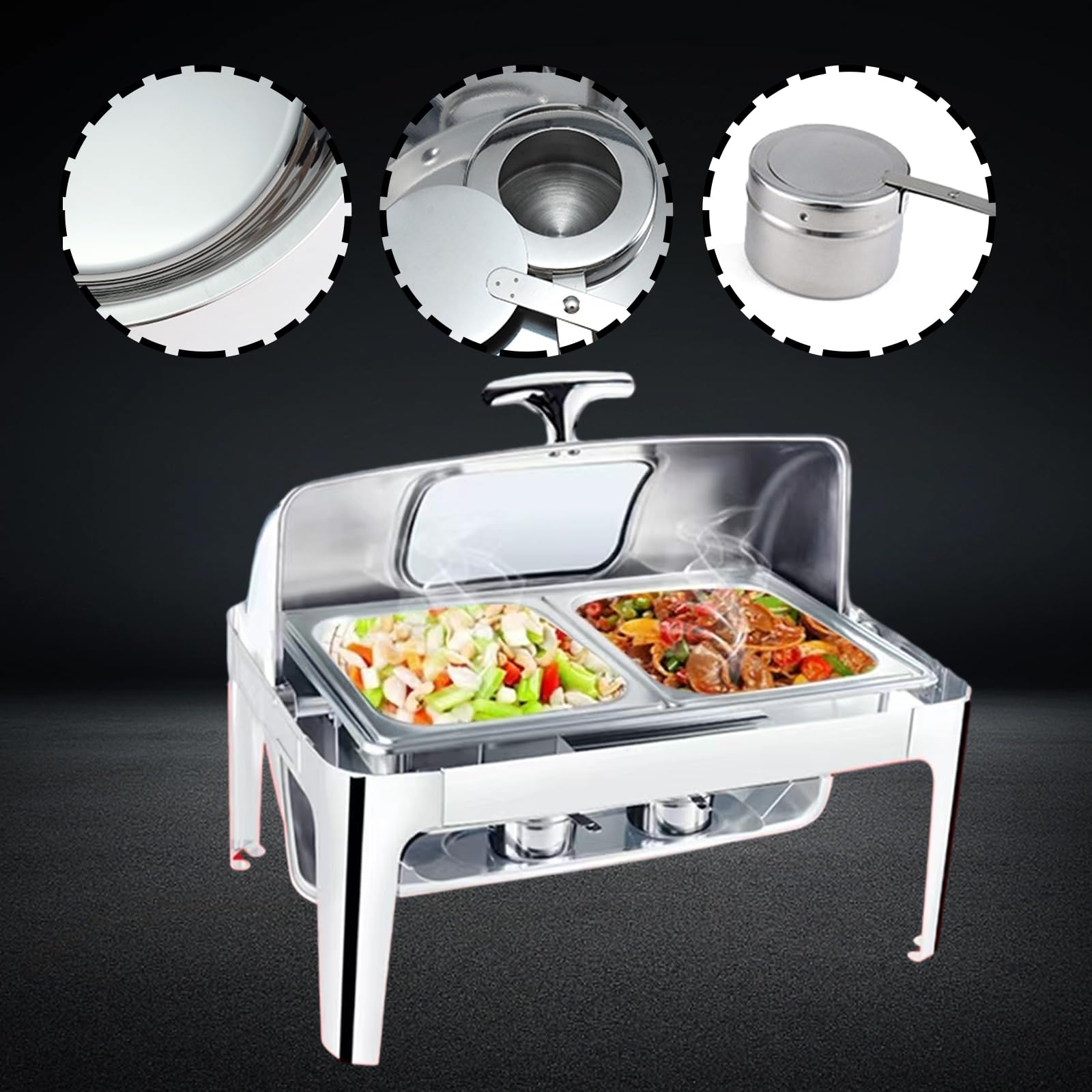 Chafing Dish Buffet Set Calefacción Y Aislamiento Set De Cinco Piezas con Comida Y Agua Bandeja Cubierta Quemador 9L Rectangular con Vidrio De Visualización para Cafetería,Six