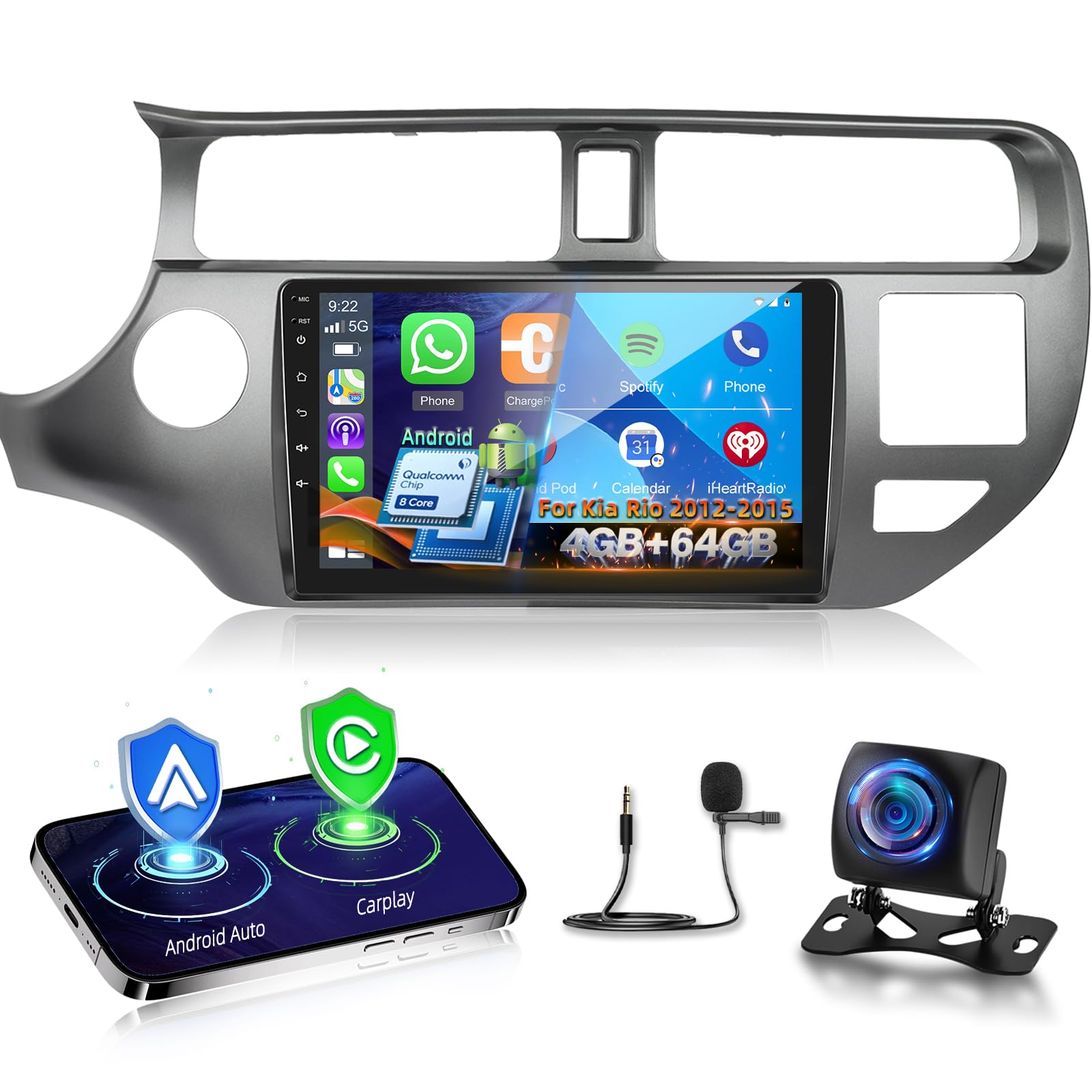 8 Core Qualcomm 4G+64G Autoradio für Kia Rio 2012-2015 mit Wireless Carplay & Android Auto, 9 Zoll Android Autoradio mit WiFi/GPS/Bluetooth 5.1/DPS Hi-Res/FM RDS Radio