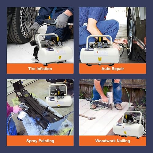 Miniatura 7 de HPDMC Compresor de aire portátil, 0.8HP 1.73 CFM 90PSI Compresor sin aceite Tanque de 2.5 galones y máx. 115 PSI, 62 dB Compresor ultra silencioso