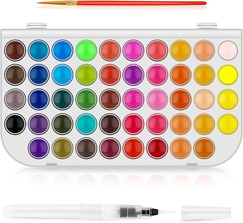 Miniatura 9 de Juego de pintura de acuarela, kit de pintura de acuarelas de 48 colores, colores de agua lavables con 10 pinceles, pincel, paleta, bloc de dibujo,