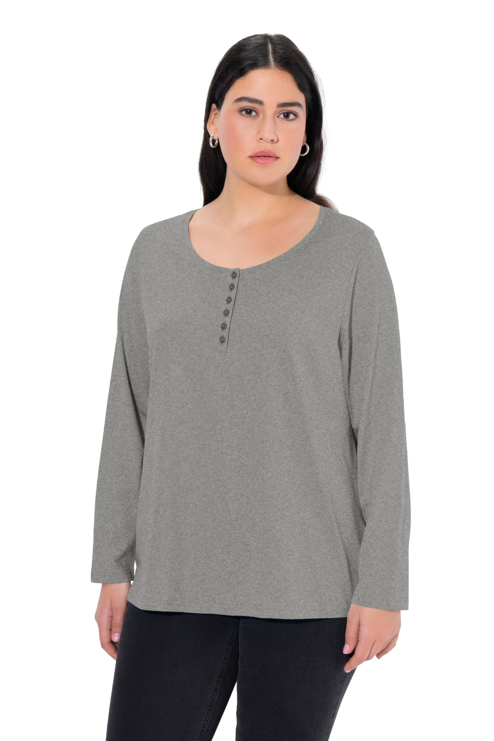Ulla Popken Womenswear Plus Size Curvy Oversize Long Sleeve Cotton Shirt Light Grey Mélange 42+ 700603 13-42+