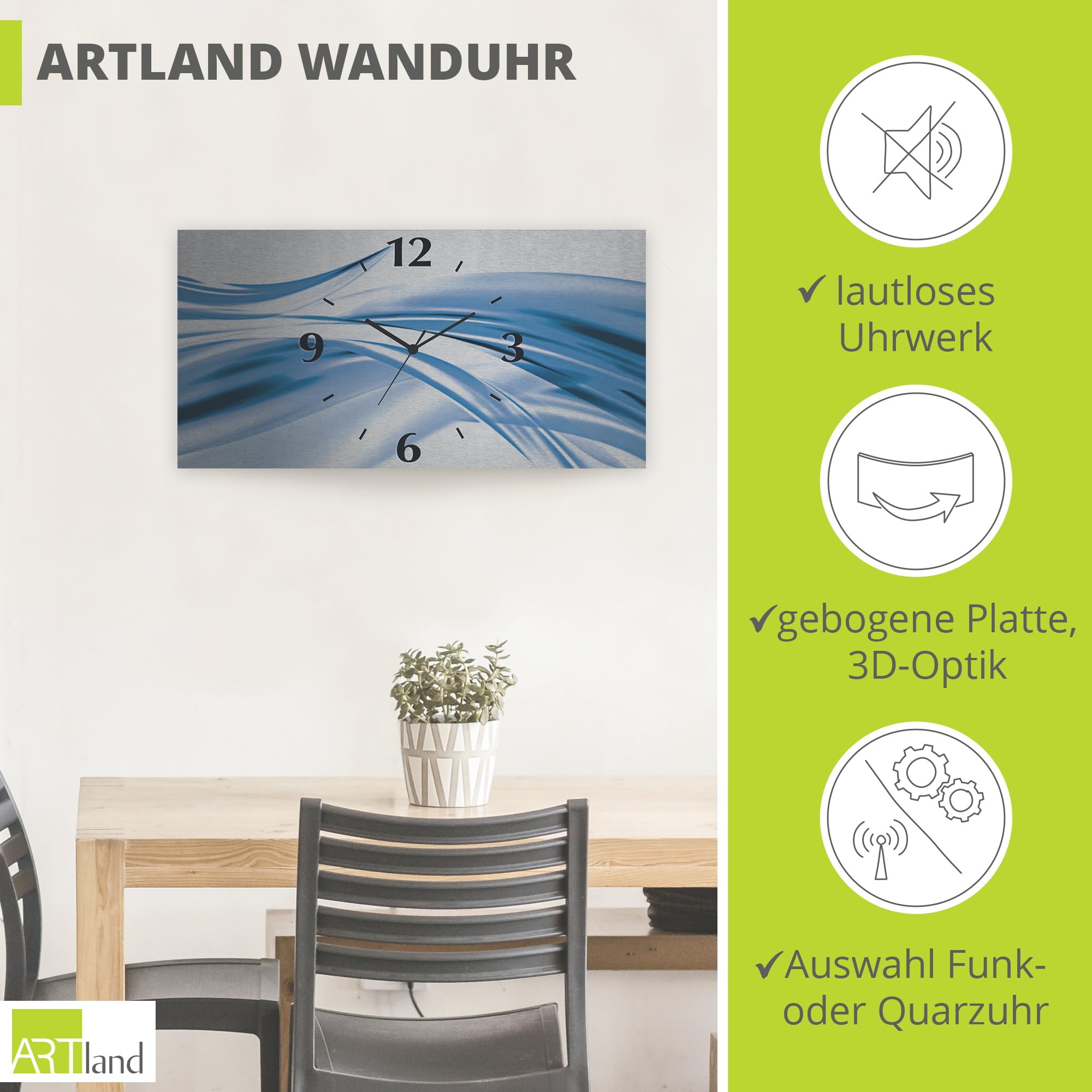 ARTLAND Wanddeko Wanduhr ohne Tickgeräusche Alu Quarzuhr 50x25 cm Eckig Lautlos 3D Design Welle Abstrakt Modern Ausgefallen T1EV