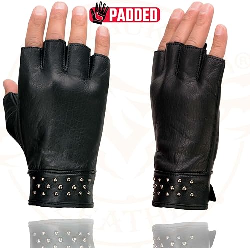 Miniatura 5 de Milwaukee Leather MG7761 - Guantes de mano para motocicleta sin dedos de gel de piel negra para mujer, con elegante detalle de muñeca