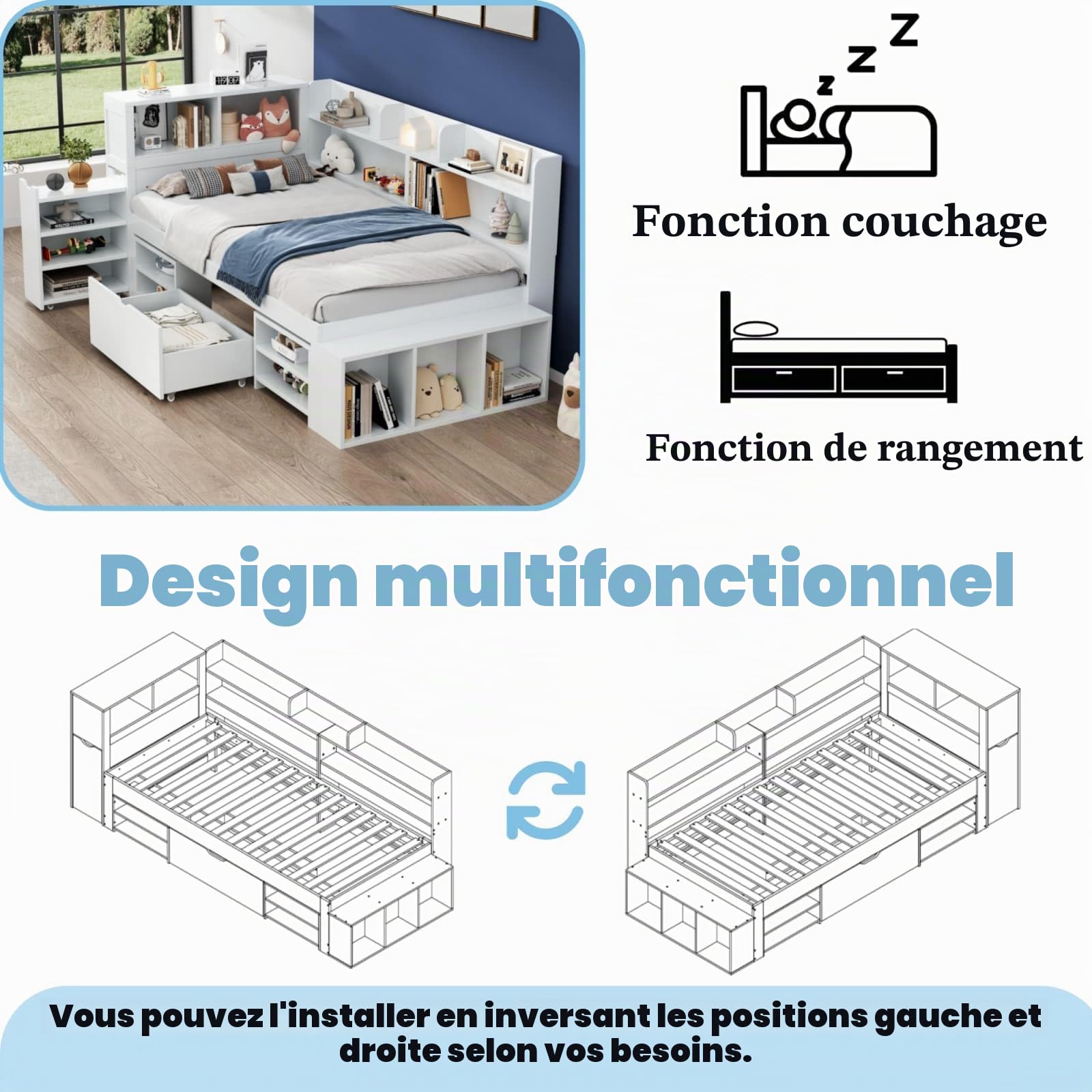 KOMHTOM Lit d'enfant Multifonctionnel avec Tiroirs, Bibliothèque et Armoire de Rangement, Cadre de Lit Plateforme, Sommier à Lattes en Bois, Blanc(sans Matelas) (90x200 cm)