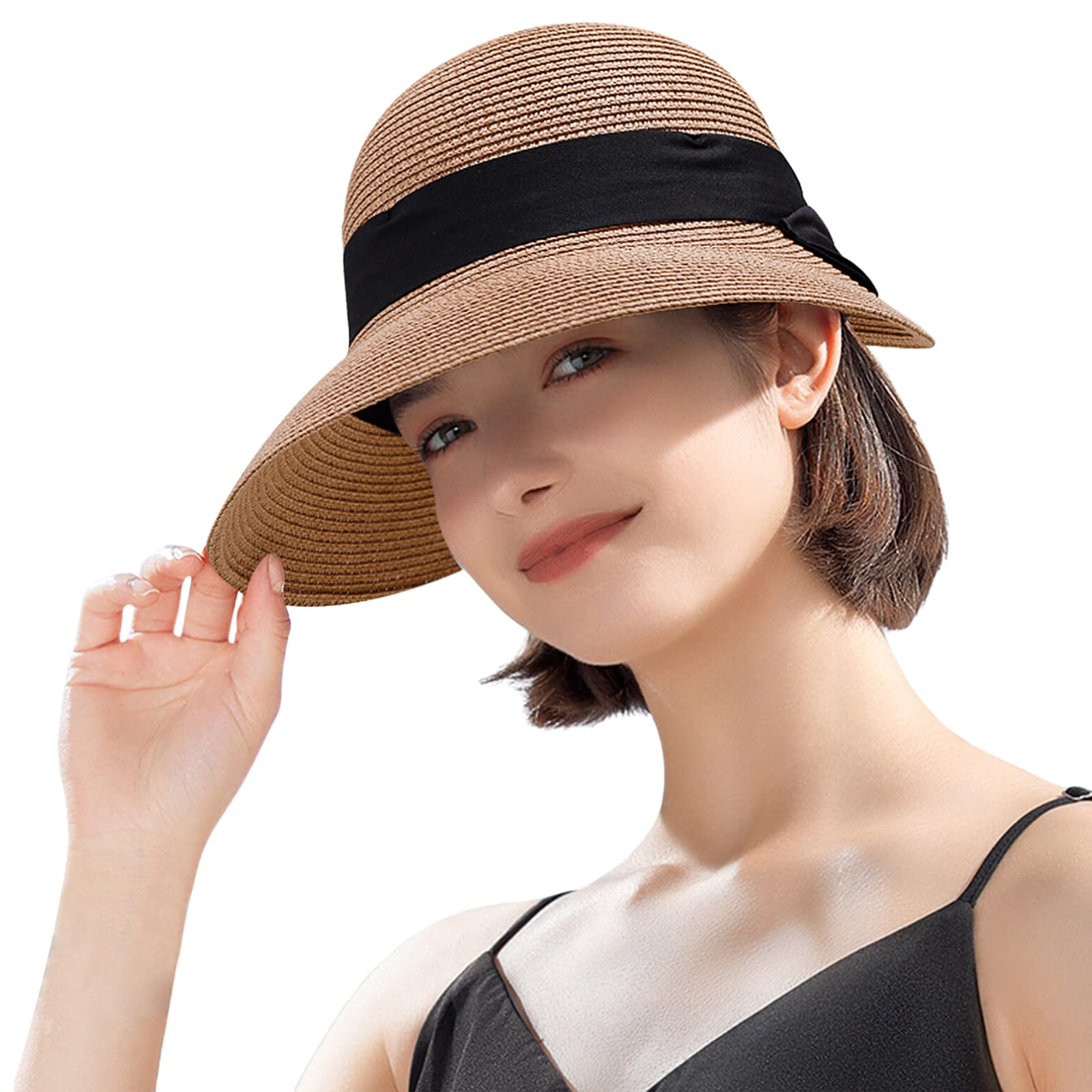 Airmoon Sombrero de paja de ala ancha para mujer, sombrero de verano para playa, sombrero de sol plegable, gorra Fedora UPF50+