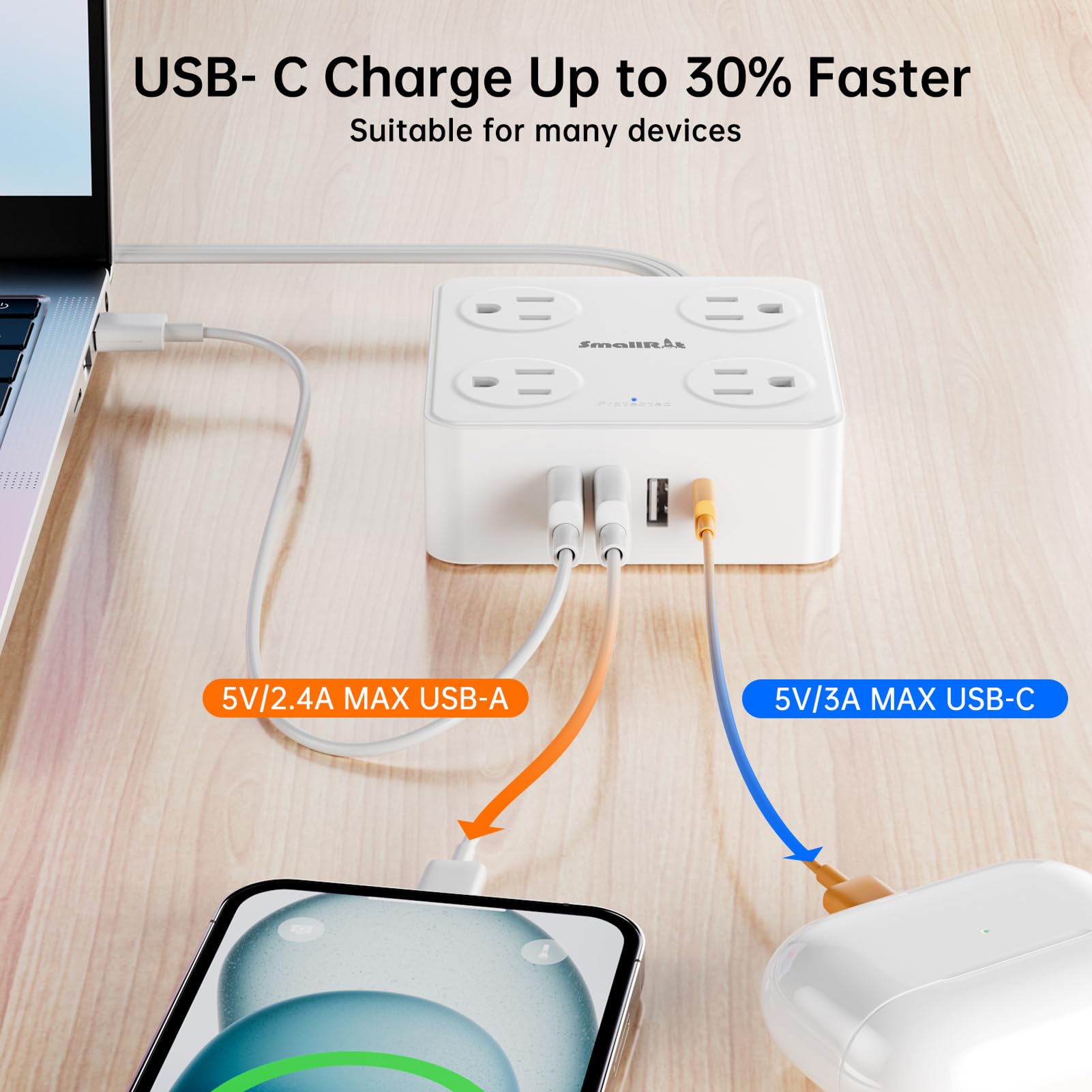SMALLRT Bloc d'alimentation avec parasurtenseur 4 prises, 3 ports USB, prise plate pour bureau à domicile, blanc, 1,8 m