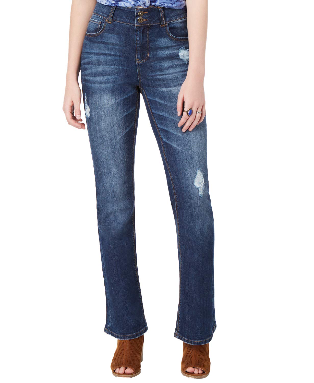 Juniors' Ripped Double-Button Bootcut Jeans