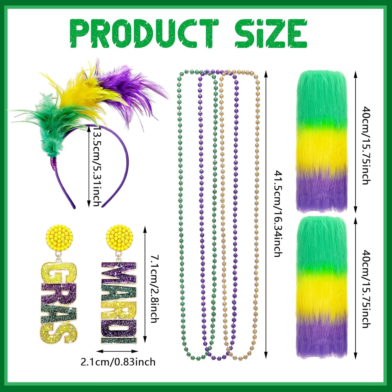 6-Piece Mardi Gras Costume Accessory Set: Faux Feather Headband, Mardi Gras Beads, Dangle Earrings, Faux Fur Leg Warmers for Women & Girls' Carnival Dress-Up - Image 5
