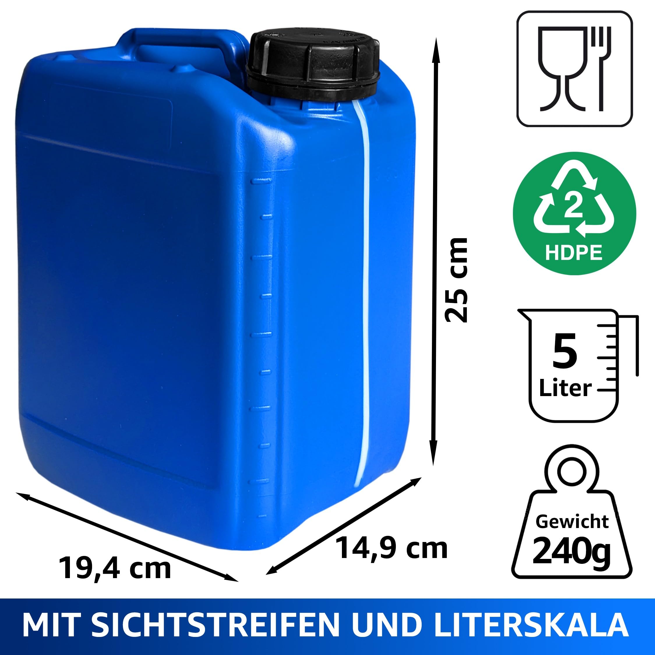 plasteo® 10 taniche da 5 litri, con chiusura di sicurezza (DIN 51), adatte per alimenti, impilabili e stabili, qualità pesante, resistenti e durevoli, per interni ed esterni, senza BPA, blu