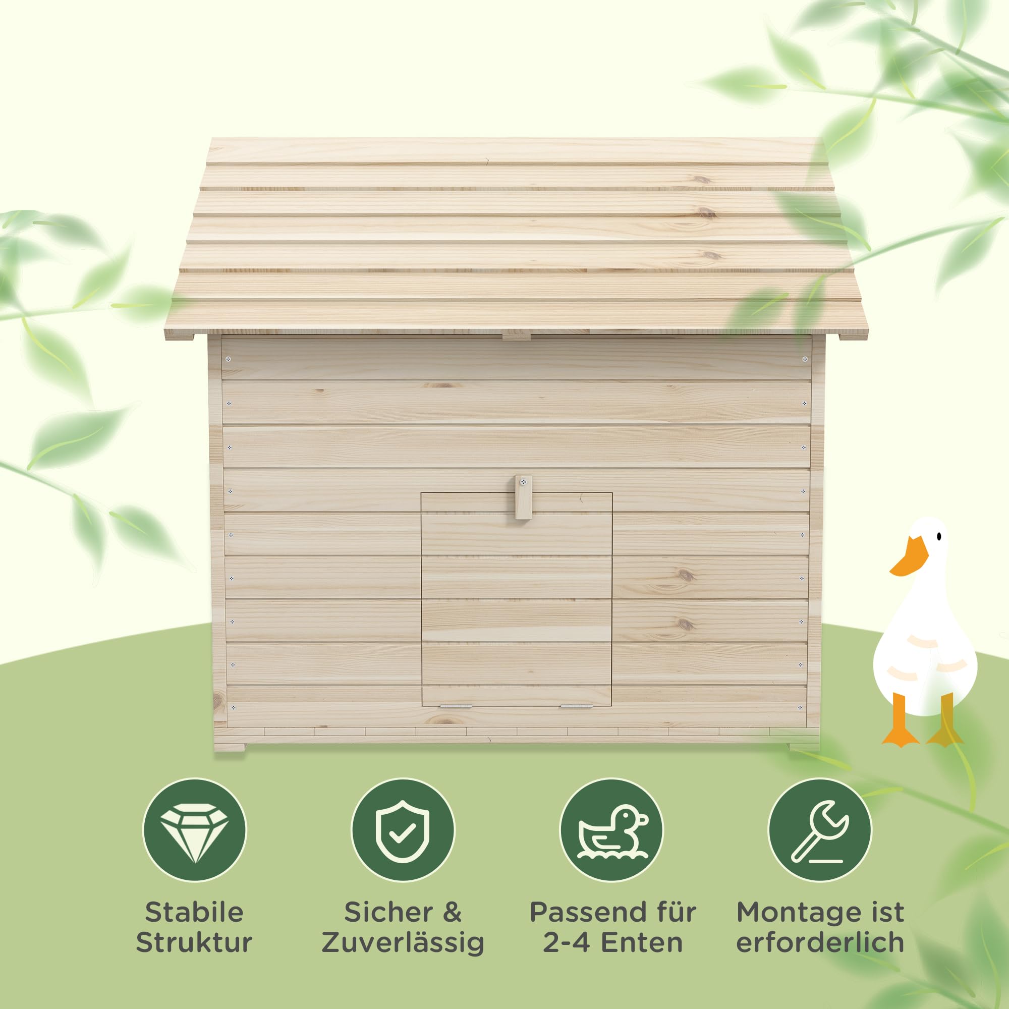 PawHut Entenstall Entenhaus aus Holz mit aufklappbarem Kippdach, erhöhten Boden, Rampe an der Vordertür, Geflügelstall mit Belüftungslöchern, Gänsestall Hühnerhaus Naturholz 100 x 82,5 x 91 cm