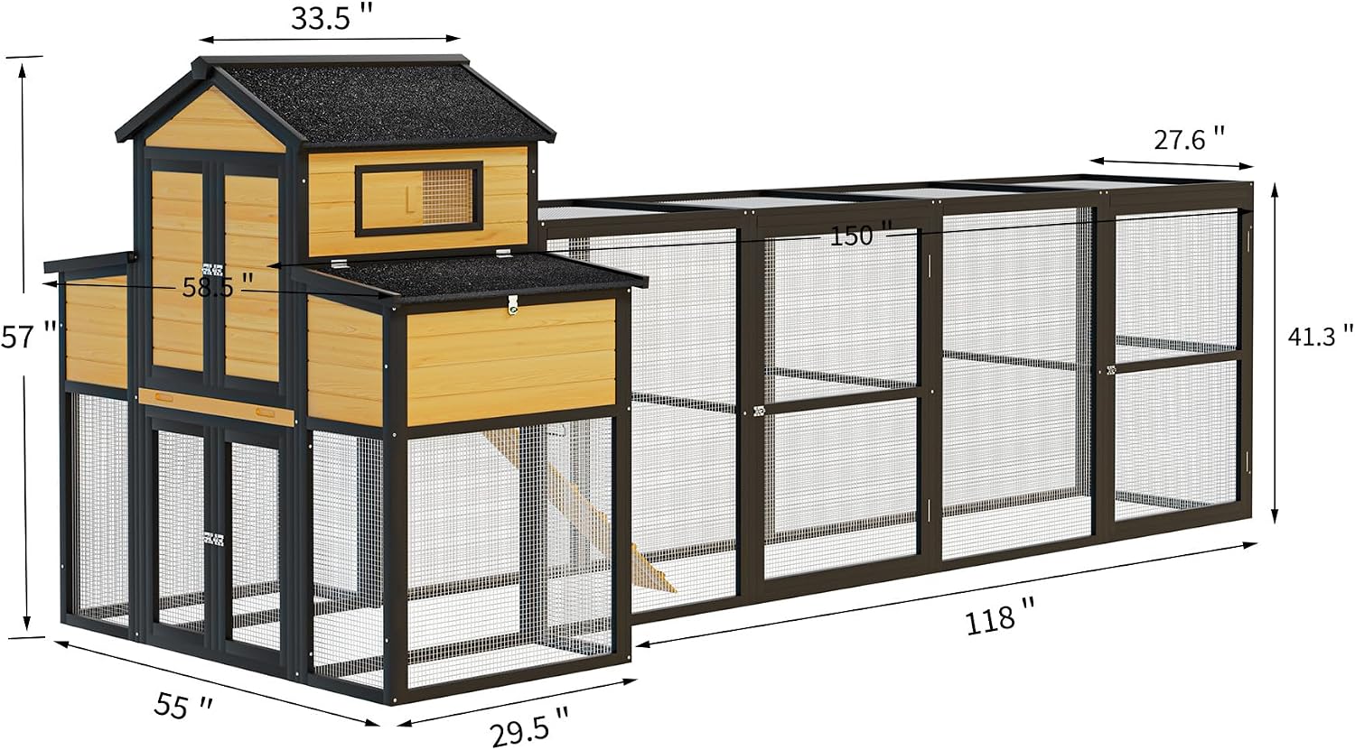 Wooden Chicken Coop with Run, 150" Large Chicken House Poultry Pet Hutch with Nesting Boxes, Pull-Out Tray, Outdoor Chicken Tractor with Sliding Door, Predator-Proof Wire Mesh, Black