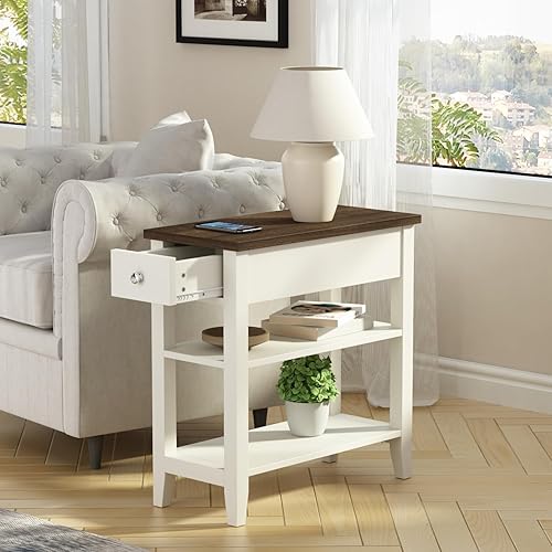 Miniatura 4 de ChooChoo Juego de 2 mesas auxiliares para sala de estar, mesa auxiliar estrecha con cajón y estante, mesa auxiliar de sofá de 3 niveles para