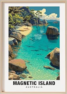 Magnetic Island Australia poster print featuring turquoise lagoon and rocky coastline, a scenic wall art piece for home office or living room decor