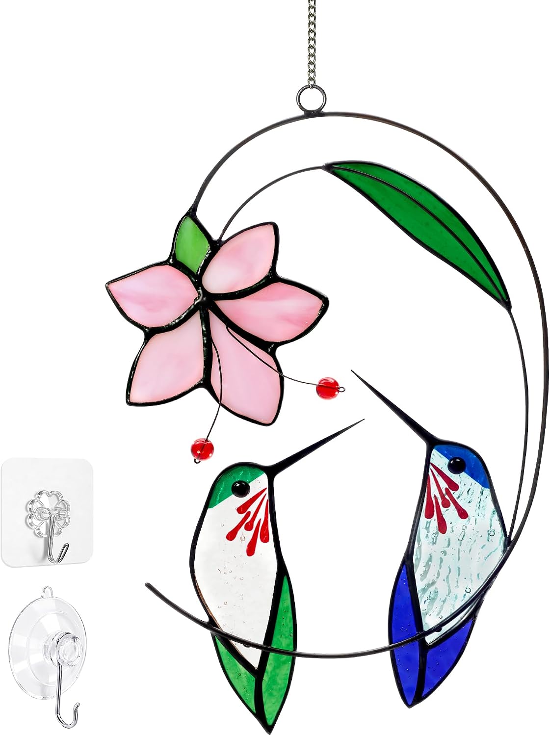 Handmade Tiffany Copper Foil Stained Glass Hummingbird Suncatcher - 8 Inch Real Glass Window Hanging with Flowers, Bird Safe Gift for Grandma, Mother, Women & Bird Lovers, Includes Suction Hooks