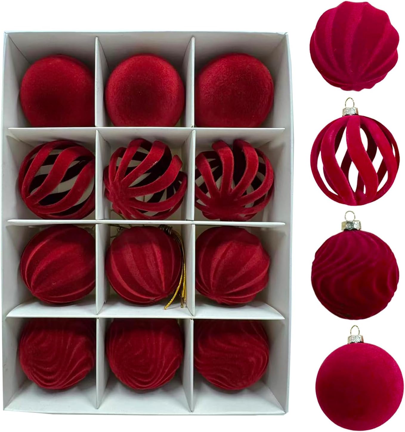 Velvet Christmas Balls, 12PCS Flocked Decoration Balls Ornaments Sets, Bulk Flocked Christmas Tree Ball Ornaments(2.2In) (Red)